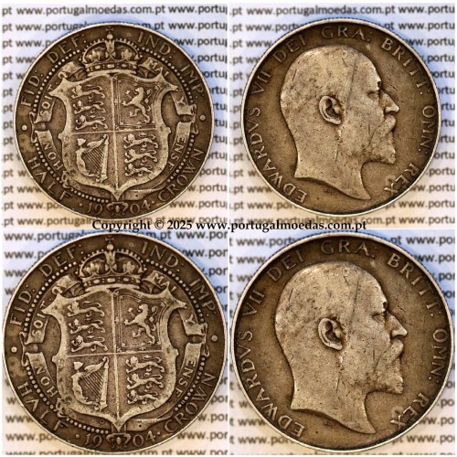 Inglaterra, ½ Crown 1904 em prata de Edward VII, Half Crown 1904, 3ª data mais escassa da série, WorldCoins Great Britain KM802