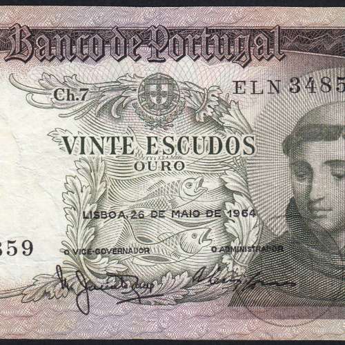 Nota de 20 Escudos 1964 Santo António, 20$00 26/05/1964 Chapa: 7 - Banco de Portugal (Circulada), Pick 167