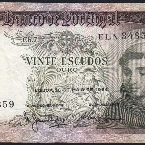 Nota de 20 Escudos 1964 Santo António, 20$00 26/05/1964 Chapa: 7 - Banco de Portugal (Circulada), Pick 167