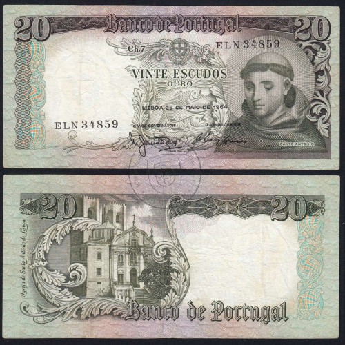 Nota de 20 Escudos 1964 Santo António, 20$00 26/05/1964 Chapa: 7 - Banco de Portugal (Circulada), Pick 167