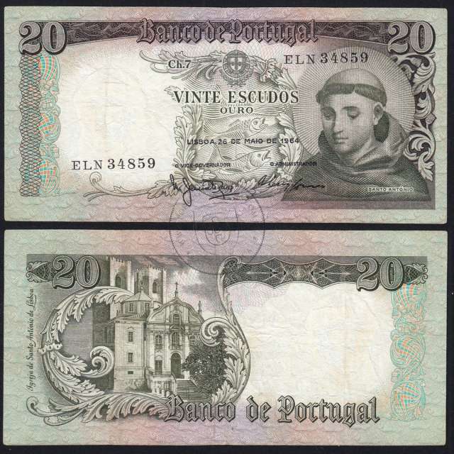 Nota de 20 Escudos 1964 Santo António, 20$00 26/05/1964 Chapa: 7 - Banco de Portugal (Circulada), Pick 167