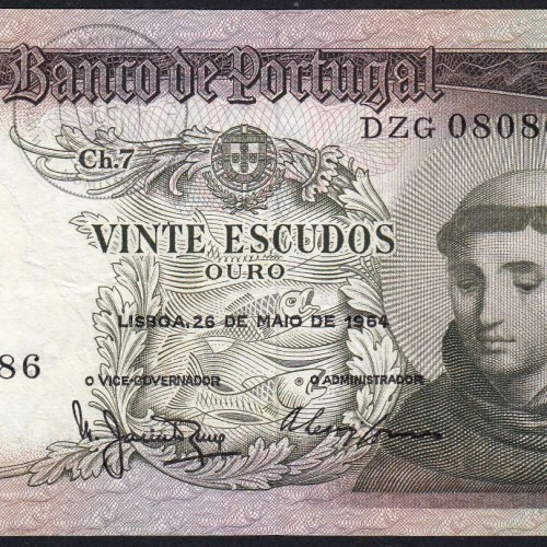 20 Escudos Banknote 1964 Saint Anthony, 20$00 26/05/1964 Plate: 7 - Bank of Portugal (Circulated), Pick 167