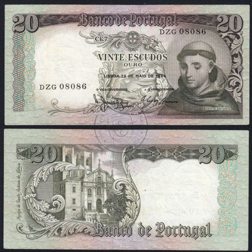 20 Escudos Banknote 1964 Saint Anthony, 20$00 26/05/1964 Plate: 7 - Bank of Portugal (Circulated), Pick 167