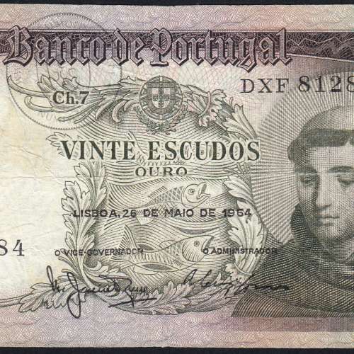 20 Escudos Banknote 1964 Saint Anthony, 20$00 26/05/1964 Plate: 7 - Bank of Portugal (Circulated), Pick 167
