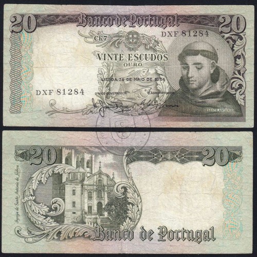 20 Escudos Banknote 1964 Saint Anthony, 20$00 26/05/1964 Plate: 7 - Bank of Portugal (Circulated), Pick 167