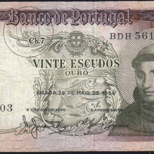20 Escudos Banknote 1964 Saint Anthony, 20$00 26/05/1964 Plate: 7 - Bank of Portugal (Circulated), Pick 167