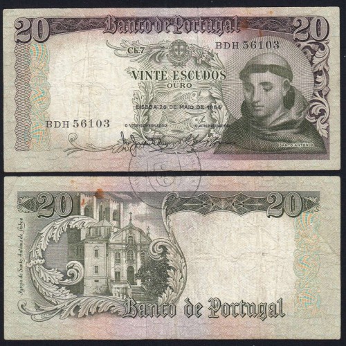 Nota de 20 Escudos 1964 Santo António, 20$00 26/05/1964 Chapa: 7 - Banco de Portugal (Circulada), Pick 167