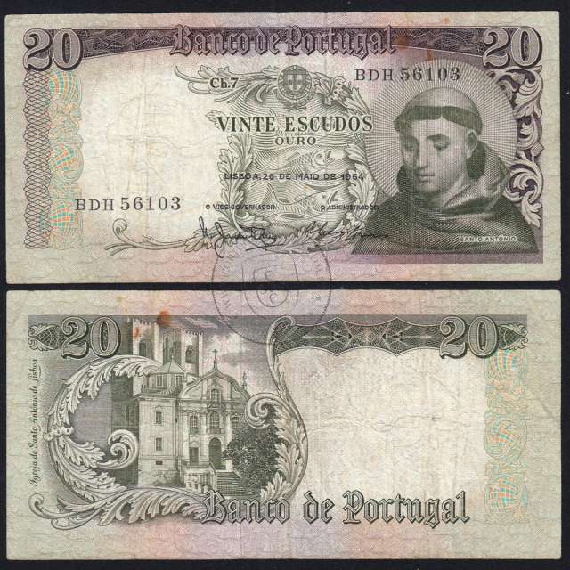 20 Escudos Banknote 1964 Saint Anthony, 20$00 26/05/1964 Plate: 7 - Bank of Portugal (Circulated), Pick 167