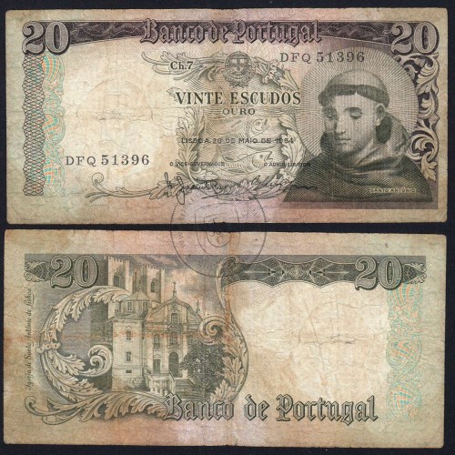 Nota de 20 Escudos 1964 Santo António, 20$00 26/05/1964 Chapa: 7 - Banco de Portugal (Circulada), Pick 167