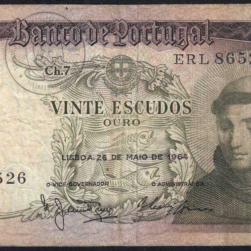 20 Escudos Banknote 1964 Saint Anthony, 20$00 26/05/1964 Plate: 7 - Bank of Portugal (Circulated), Pick 167