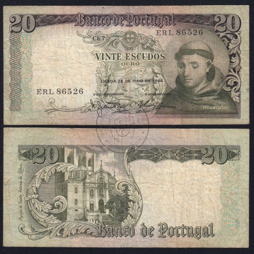 20 Escudos Banknote 1964 Saint Anthony, 20$00 26/05/1964 Plate: 7 - Bank of Portugal (Circulated), Pick 167