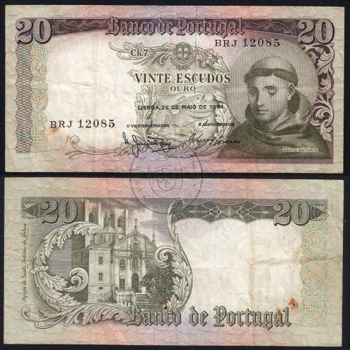 Nota de 20 Escudos 1964 Santo António, 20$00 26/05/1964 Chapa: 7 - Banco de Portugal (Circulada), Pick 167