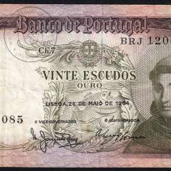 20 Escudos Banknote 1964 Saint Anthony, 20$00 26/05/1964 Plate: 7 - Bank of Portugal (Circulated), Pick 167