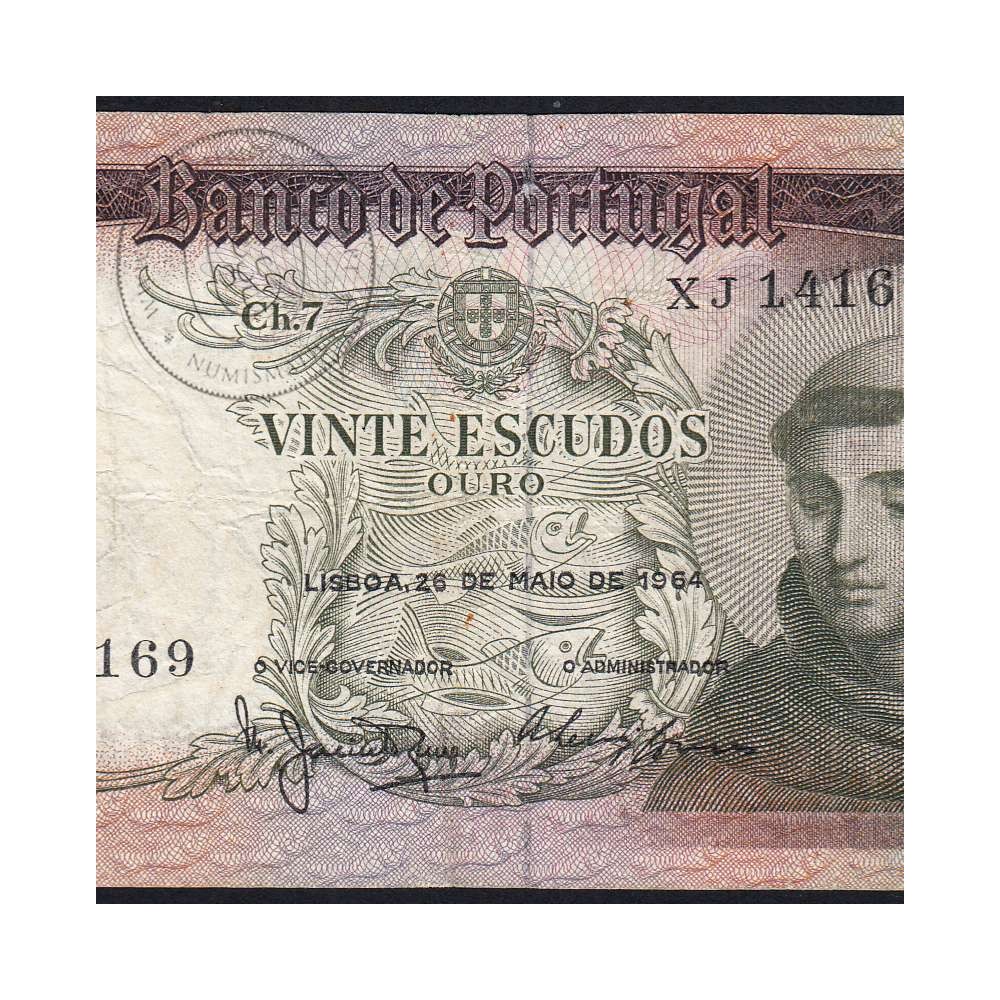 20 Escudos Banknote 1964 Saint Anthony, 20$00 26/05/1964 Plate: 7 - Bank of Portugal (Circulated), Pick 167