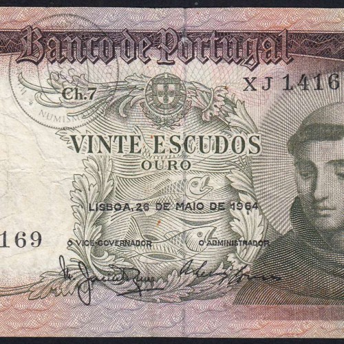 20 Escudos Banknote 1964 Saint Anthony, 20$00 26/05/1964 Plate: 7 - Bank of Portugal (Circulated), Pick 167