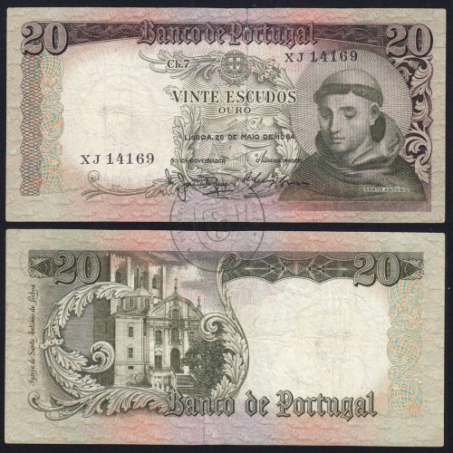 20 Escudos Banknote 1964 Saint Anthony, 20$00 26/05/1964 Plate: 7 - Bank of Portugal (Circulated), Pick 167