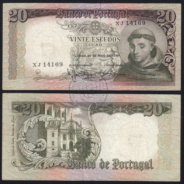 Nota de 20 Escudos 1964 Santo António, 20$00 26/05/1964 Chapa: 7 - Banco de Portugal (Circulada), Pick 167