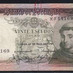 Nota de 20 Escudos 1964 Santo António, 20$00 26/05/1964 Chapa: 7 - Banco de Portugal (Circulada), Pick 167