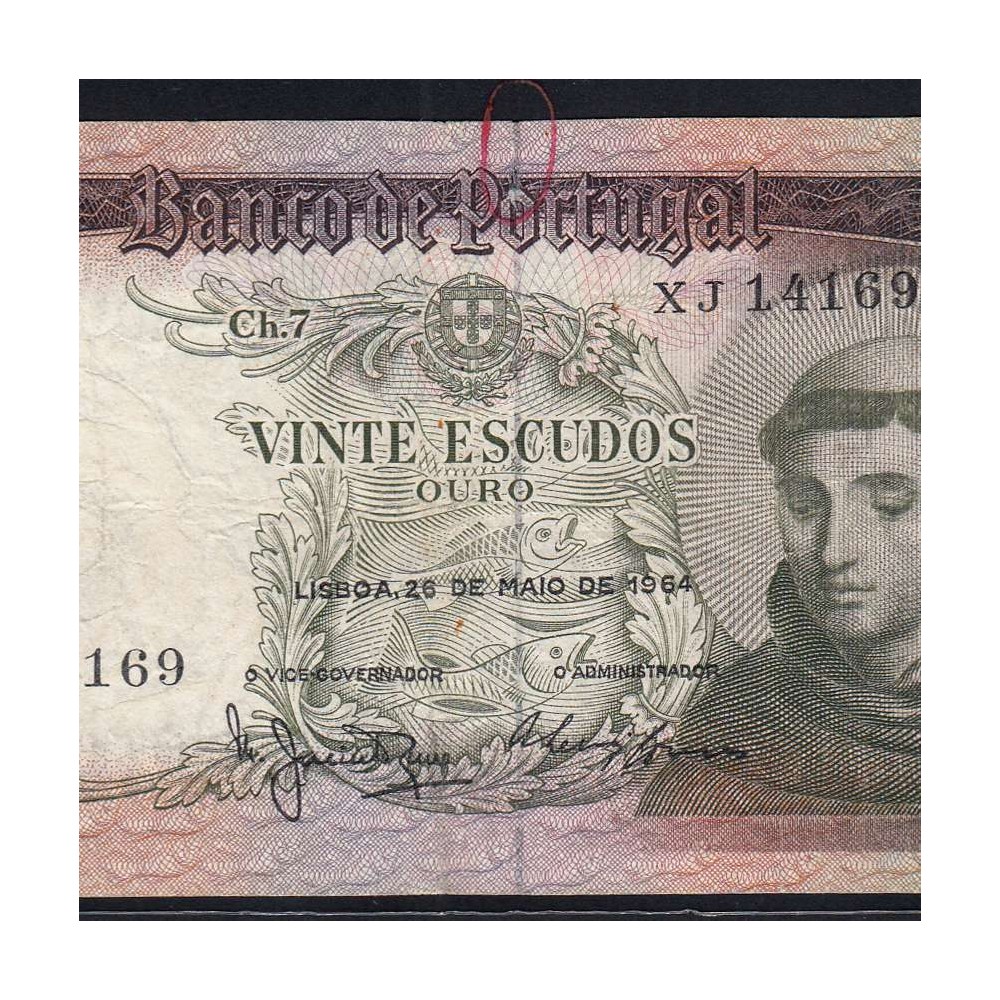 20 Escudos Banknote 1964 Saint Anthony, 20$00 26/05/1964 Plate: 7 - Bank of Portugal (Circulated), Pick 167