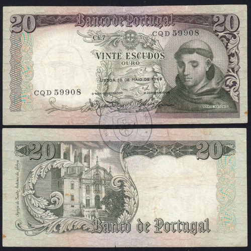 20 Escudos Banknote 1964 Saint Anthony, 20$00 26/05/1964 Plate: 7 - Bank of Portugal (Circulated), Pick 167