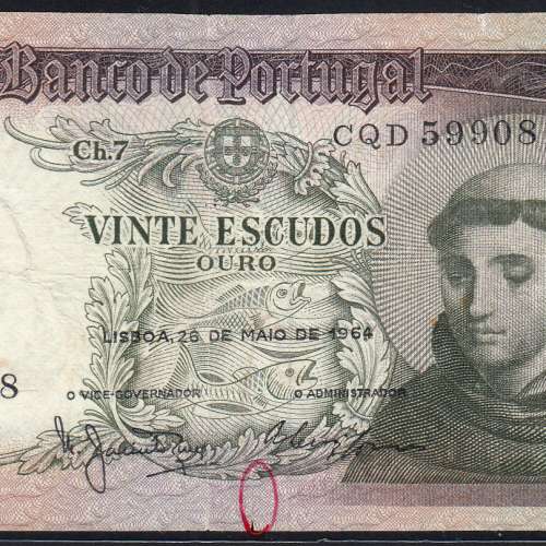 20 Escudos Banknote 1964 Saint Anthony, 20$00 26/05/1964 Plate: 7 - Bank of Portugal (Circulated), Pick 167