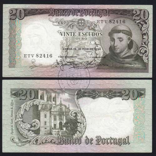 Nota de 20 Escudos 1964 Santo António, 20$00 26/05/1964 Chapa: 7 - Banco de Portugal (Circulada), Pick 167