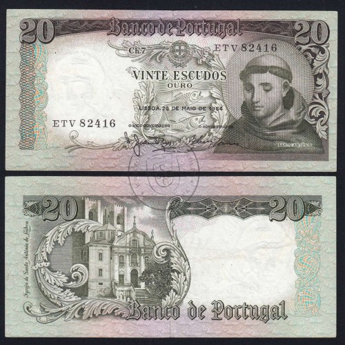 Nota de 20 Escudos 1964 Santo António, 20$00 26/05/1964 Chapa: 7 - Banco de Portugal (Circulada), Pick 167