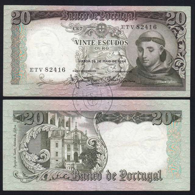 20 Escudos Banknote 1964 Saint Anthony, 20$00 26/05/1964 Plate: 7 - Bank of Portugal (Circulated), Pick 167