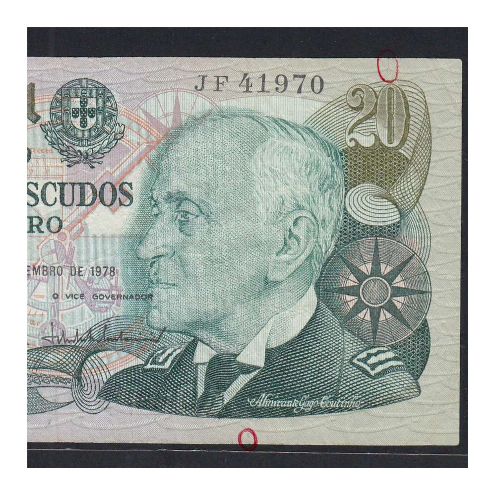 20 Escudos 1978 Gago Coutinho 13/09/1978, 20$00 Twenty Escudos 13/09/1978 Plate: 9 Bank of Portugal, (C), Pick 176a