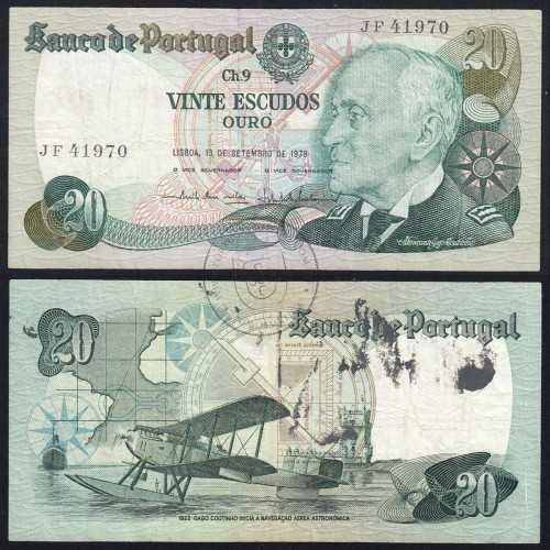 20 Escudos 1978 Gago Coutinho 13/09/1978, 20$00 Twenty Escudos 13/09/1978 Plate: 9 Bank of Portugal, (C), Pick 176a