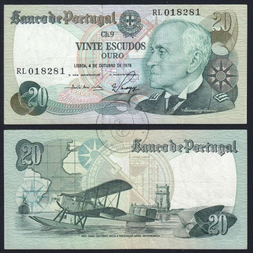 20 Escudos 1978 Gago Coutinho 04/10/1978, 20$00 Twenty Escudos 04/10/1978 Plate: 9 Bank of Portugal, (C), Pick 176b