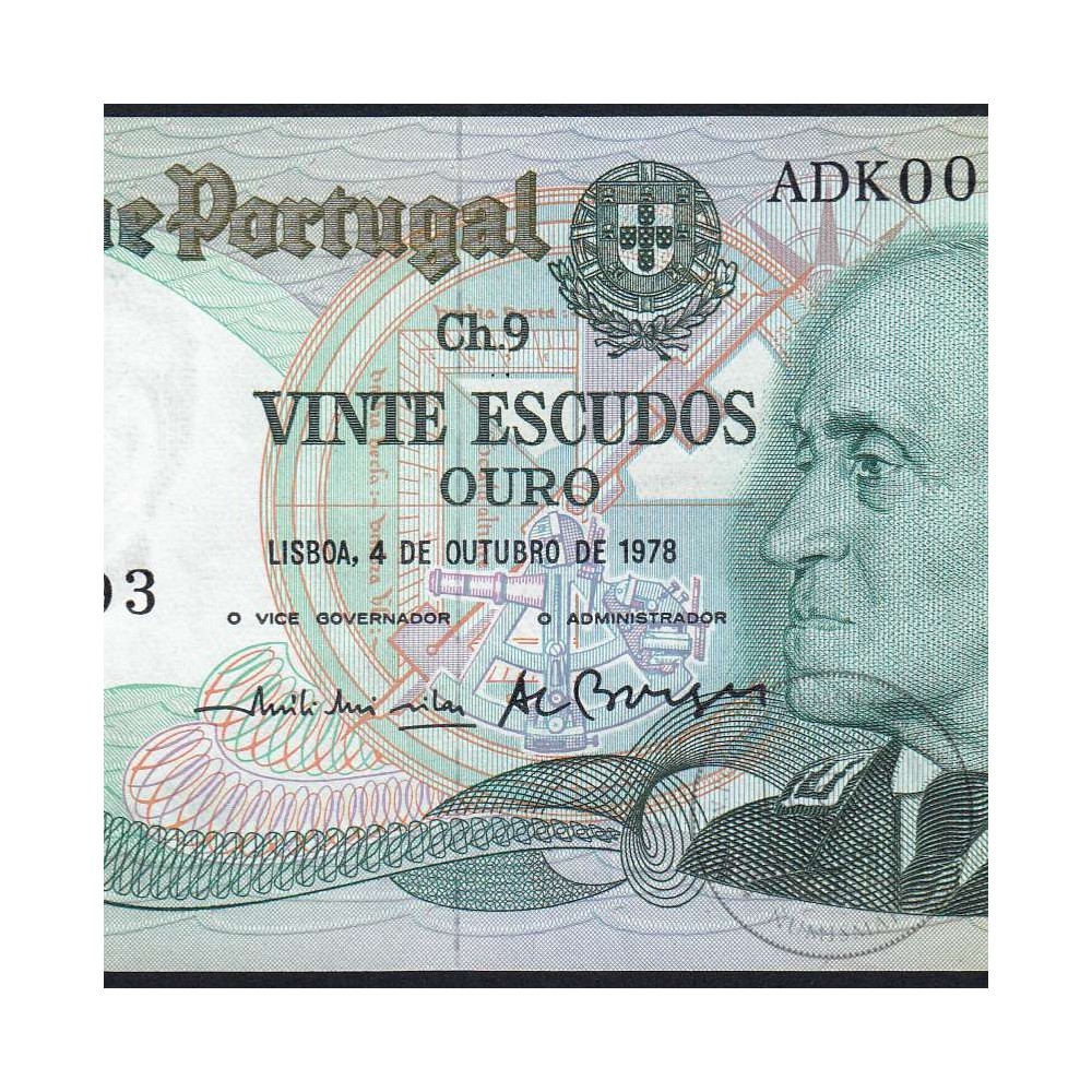 20 Escudos 1978 Gago Coutinho 04/10/1978, 20$00 Twenty Escudos 04/10/1978 Plate: 9 Bank of Portugal, (QNC), Pick 176b
