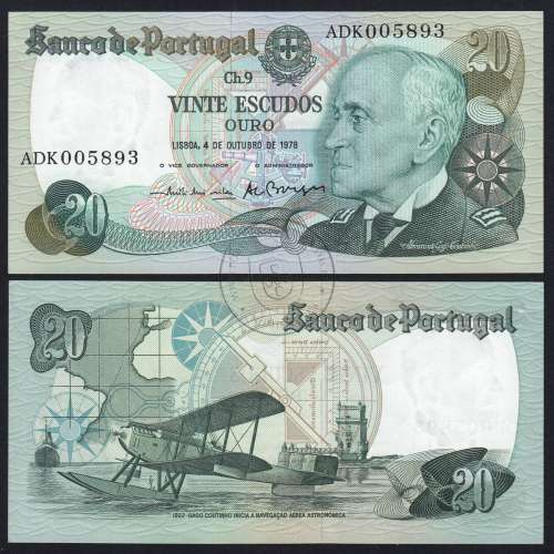 20 Escudos 1978 Gago Coutinho 04/10/1978, 20$00 Vinte Escudos 04/10/1978 Chapa:9 Banco de Portugal, (QNC), Pick 176b
