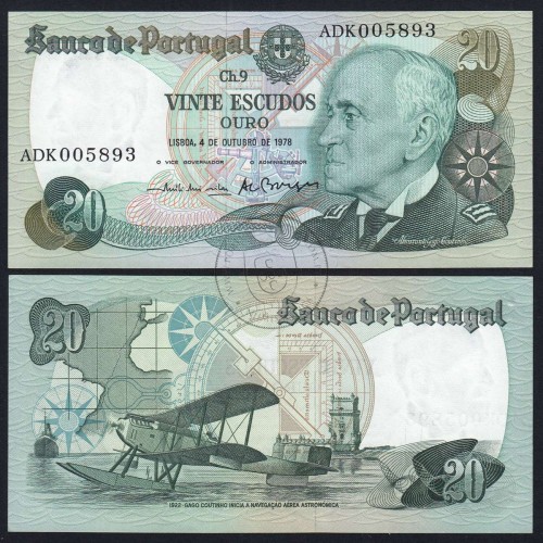 20 Escudos 1978 Gago Coutinho 04/10/1978, 20$00 Twenty Escudos 04/10/1978 Plate: 9 Bank of Portugal, (QNC), Pick 176b