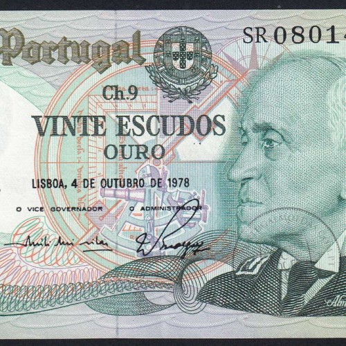 20 Escudos 1978 Gago Coutinho 04/10/1978, 20$00 Twenty Escudos 04/10/1978 Plate: 9 Bank of Portugal, (QNC), Pick 176b