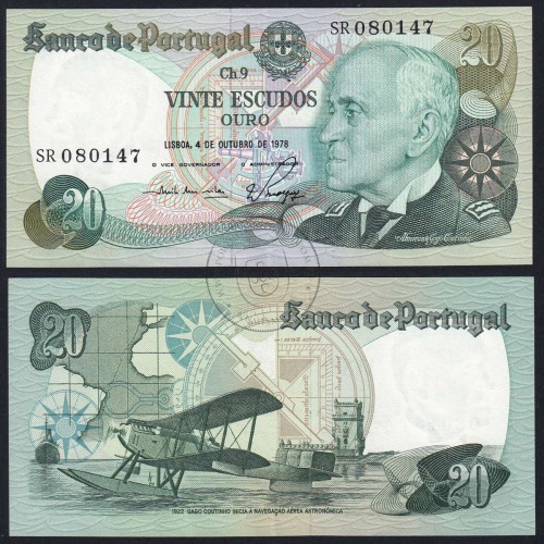 20 Escudos 1978 Gago Coutinho 04/10/1978, 20$00 Twenty Escudos 04/10/1978 Plate: 9 Bank of Portugal, (QNC), Pick 176b