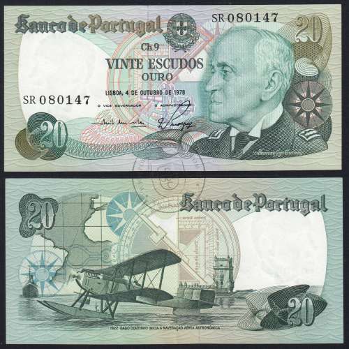 20 Escudos 1978 Gago Coutinho 04/10/1978, 20$00 Vinte Escudos 04/10/1978 Chapa:9 Banco de Portugal, (QNC), Pick 176b