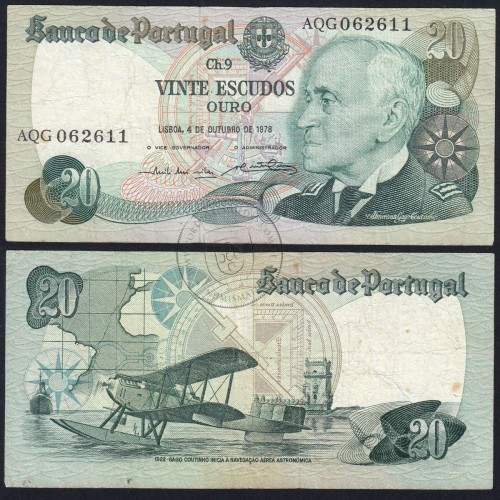 20 Escudos 1978 Gago Coutinho 04/10/1978, 20$00 Vinte Escudos 04/10/1978 Chapa:9 Banco de Portugal, (C), Pick 176b
