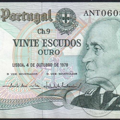 20 Escudos 1978 Gago Coutinho 04/10/1978, 20$00 Twenty Escudos 04/10/1978 Plate: 9 Bank of Portugal, (PC), Pick 176b