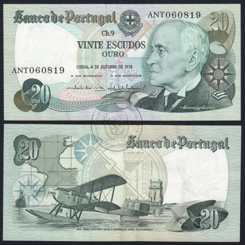 20 Escudos 1978 Gago Coutinho 04/10/1978, 20$00 Vinte Escudos 04/10/1978 Chapa:9 Banco de Portugal, (PC), Pick 176b
