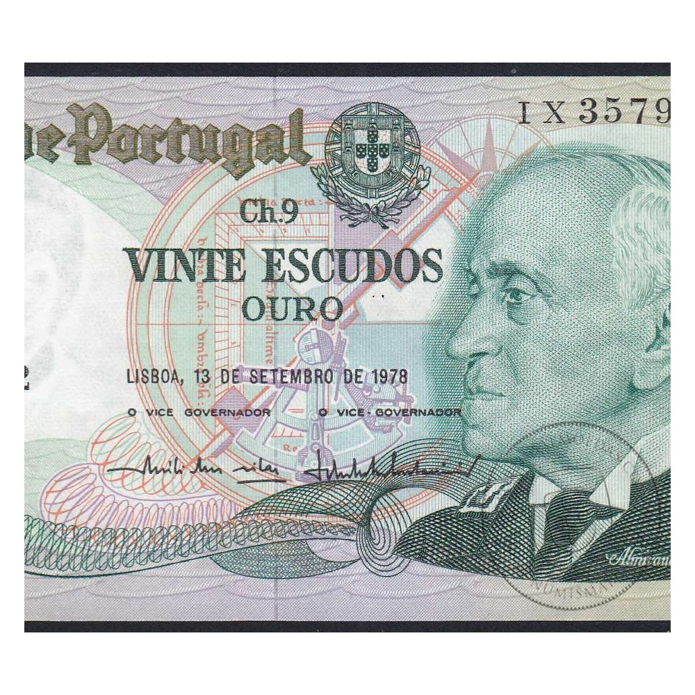 20 Escudos 1978 Gago Coutinho 13/09/1978, 20$00 Twenty Escudos 13/09/1978 Plate: 9 Bank of Portugal, (almost UNC), Pick 176a
