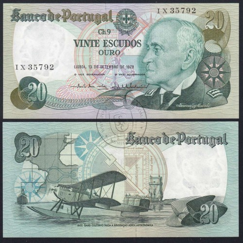 20 Escudos 1978 Gago Coutinho 13/09/1978, 20$00 Twenty Escudos 13/09/1978 Plate: 9 Bank of Portugal, (almost UNC), Pick 176a