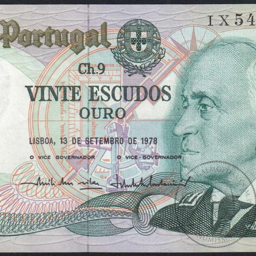 20 Escudos 1978 Gago Coutinho 13/09/1978, 20$00 Vinte Escudos 13/09/1978 Chapa:9 Banco de Portugal, (QNC), Pick 176a