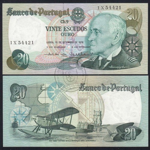 20 Escudos 1978 Gago Coutinho 13/09/1978, 20$00 Twenty Escudos 13/09/1978 Plate: 9 Bank of Portugal, (almost UNC), Pick 176a