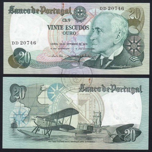 20 Escudos 1978 Gago Coutinho 13/09/1978, 20$00 Twenty Escudos 13/09/1978 Plate: 9 Bank of Portugal, (C), Pick 176a