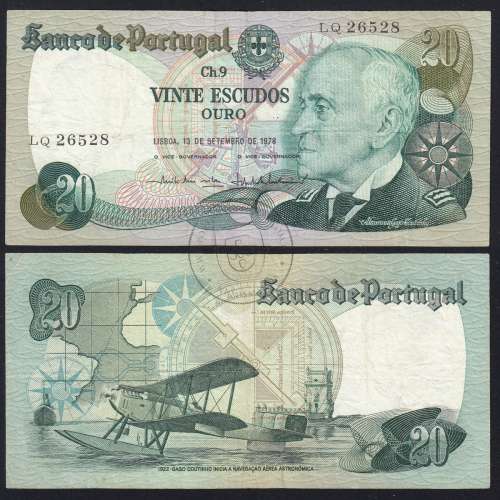 20 Escudos 1978 Gago Coutinho 13/09/1978, 20$00 Vinte Escudos 13/09/1978 Chapa:9 Banco de Portugal, (C), Pick 176a