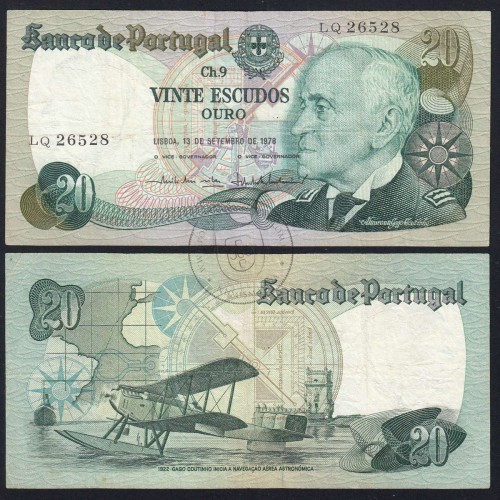 20 Escudos 1978 Gago Coutinho 13/09/1978, 20$00 Twenty Escudos 13/09/1978 Plate: 9 Bank of Portugal, (C), Pick 176a