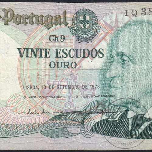 20 Escudos 1978 Gago Coutinho 13/09/1978, 20$00 Twenty Escudos 13/09/1978 Plate: 9 Bank of Portugal, (C), Pick 176a