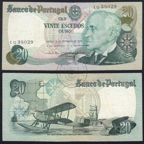 20 Escudos 1978 Gago Coutinho 13/09/1978, 20$00 Twenty Escudos 13/09/1978 Plate: 9 Bank of Portugal, (C), Pick 176a
