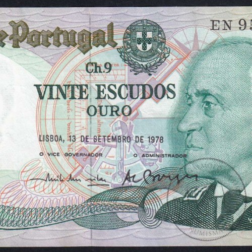20 Escudos 1978 Gago Coutinho 13/09/1978, 20$00 Twenty Escudos 13/09/1978 Plate: 9 Bank of Portugal, (C), Pick 176a